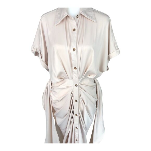 MABLE Cream Satin Drapey Elegant Corpcore Cocktail Button-Down Midi Dress M - Picture 8 of 16